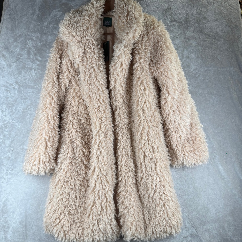 Wild Fable Womens Beige Shaggy Faux Fur Coat Notched Lapel Open Front Large NWT